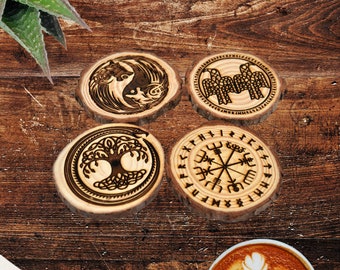 Viking Natural Wood  Coaster, Norse Laser Engraved Coaster set, Runes Real wood drinks coasters, Norse Mythology wood coasters