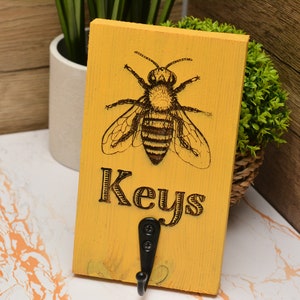 Bee inspired yellow Wooden key Holder, Honey bee rustic home decor. Cottagecore key organiser. Laser engraved wall hanging hook