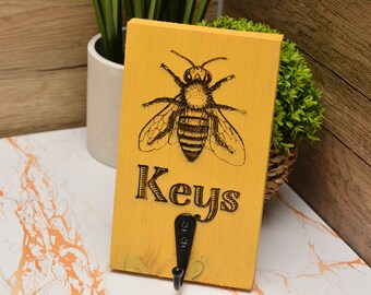 Bee inspired yellow Wooden key Holder, Honey bee rustic home decor. Cottagecore key organiser. Laser engraved wall hanging hook