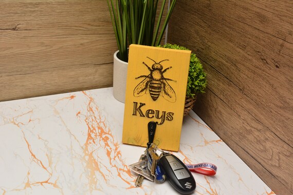 Bee Inspired Yellow Wooden Key Holder Honey Bee Rustic Home Decor. Cottagecore Key Organiser. Laser Engraved Wall Hanging Hook Etsy
