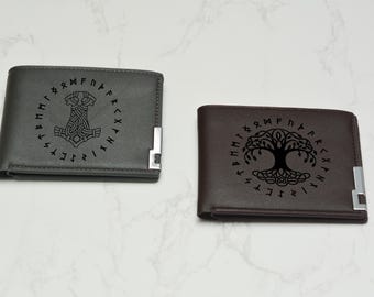 Norse Viking Wallet PU Leather, Personalised Laser Engraved Tree of Life Design, Norse Mythology Gift. Vegan Friendly. Norse Inspired.