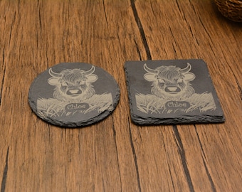 Personalized Highland Cow Slate Coaster: Engraved Rustic Farmhouse Decor
