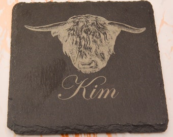 Personalized Highland Cow Slate Coaster: Scottish Farmhouse Decor
