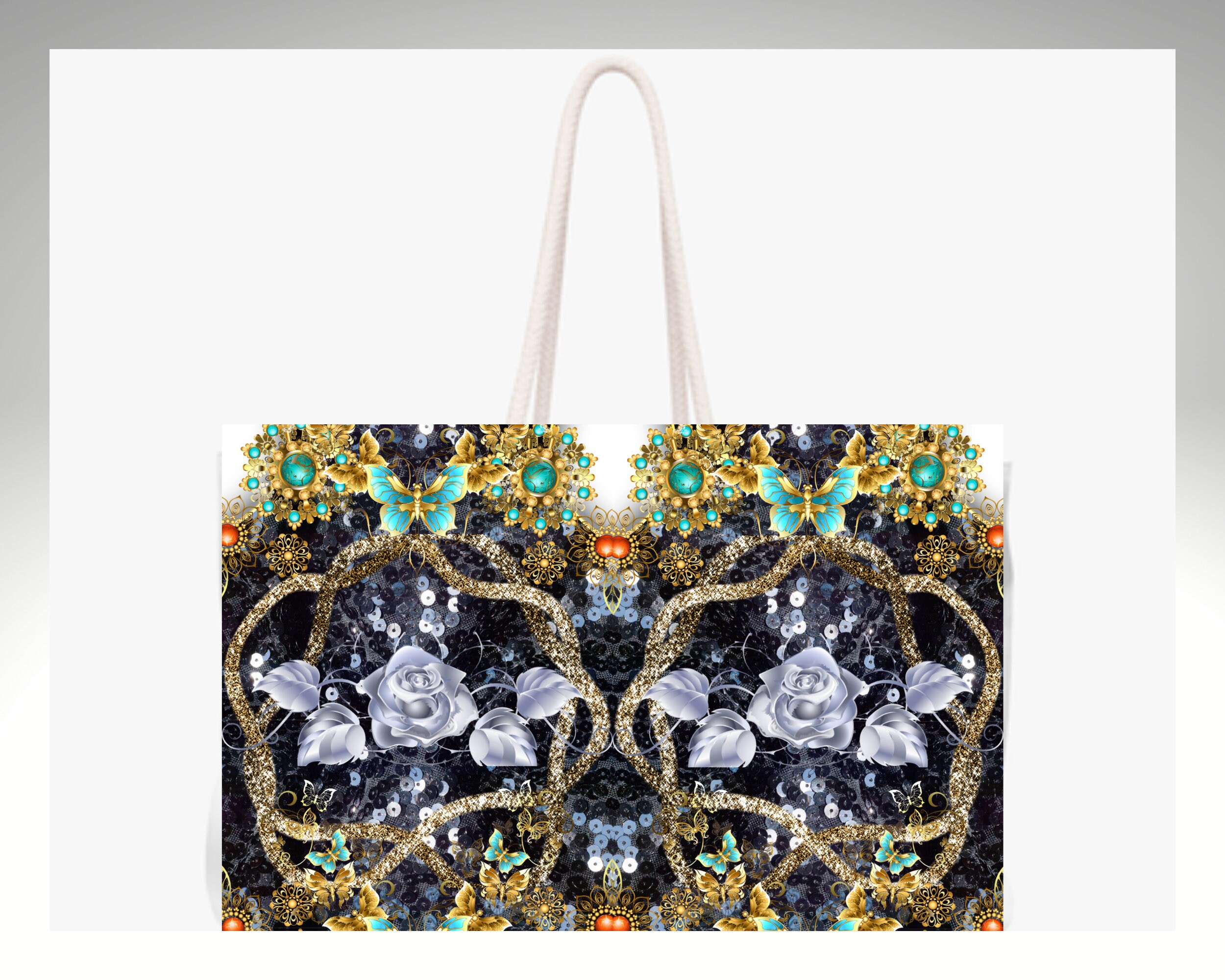 Blue Sequin Floral Weekender Tote Bag 