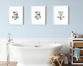 Wash Your Hands, Brush Your Teeth, Kids Bathroom Wall Art, Kids Bathroom Decor, Set of 3, Children's Bathroom Digital Prints