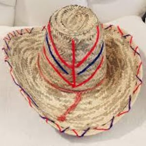 May include: A woven straw sombrero with a wide brim and a cylindrical crown. The hat is trimmed with red and blue stitching and features red and blue decorative accents on the crown. The hat is designed for sun protection.