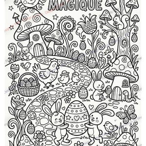 Puede incluir: Ilustración en blanco y negro con el texto "Pâques Magique". La imagen presenta elementos temáticos de Pascua como conejos, huevos, setas, flores y un sol sonriente, perfecto para colorear.