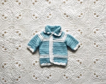 Cardigan en tricot blanc et bleu pour enfants vintage - L'il Guy's - 3-6 MOS