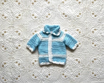 Vintage Children's White and Blue Knit Sweater Cardigan - L'il Guy's - 3-6 MOS