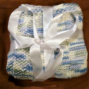 Baby Blocks Knitted Baby Blanket -  Blue, Lavender, Silver Green, White Handmade Baby Blanket, Ready to Ship, Baby Gift, Baby Shower Gift