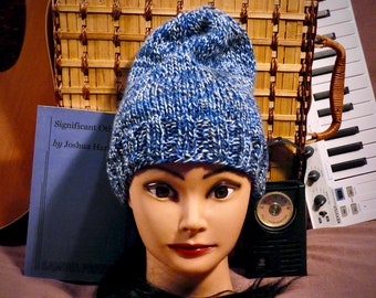 Blue and White  Variegated Toque Beanie, Handmade Knitted Winter or Fall Hat. Fun Hat. Fashion Hat.