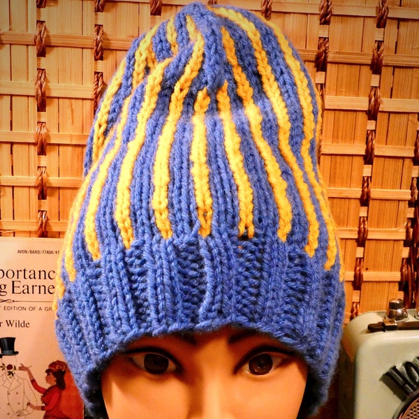 Blue and Gold Vertical Stripped Touque Beanie.  Fun Warm Knitted Hat, Women's Beanie, Gift For Girlfriend, Gift For Wife, Gift For Mom.