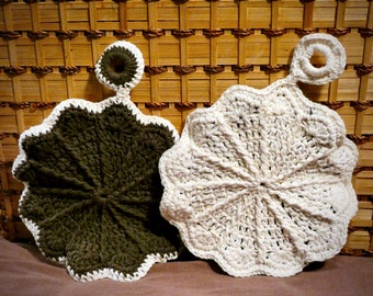 Scallop Pot Holders, Set of 2, Trivet, Hot Pad, Thick Two Sided Hot Pat 100% Cotton, Brown and White. Hand Crocheted.