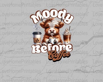 Zabawna koszulka z kawą, słodka krowa pijąca kawę, koszulka Moody Before Coffee, prezent dla miłośnika kofeiny, słodka koszulka ze zwierzęciem