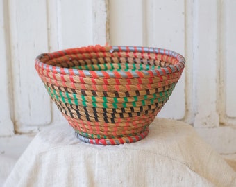 Vintage colorful handmade straw basket, rye straw basket