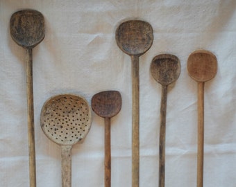 Vintage Wooden Spoons, Used Carved Spoon Set, Rustic Farmhouse Cooking Spoons, French Vintage