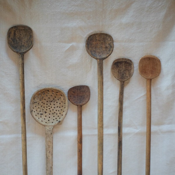 Vintage Wooden Spoons, Used Carved Spoon Set, Rustic Farmhouse Cooking Spoons, French Vintage