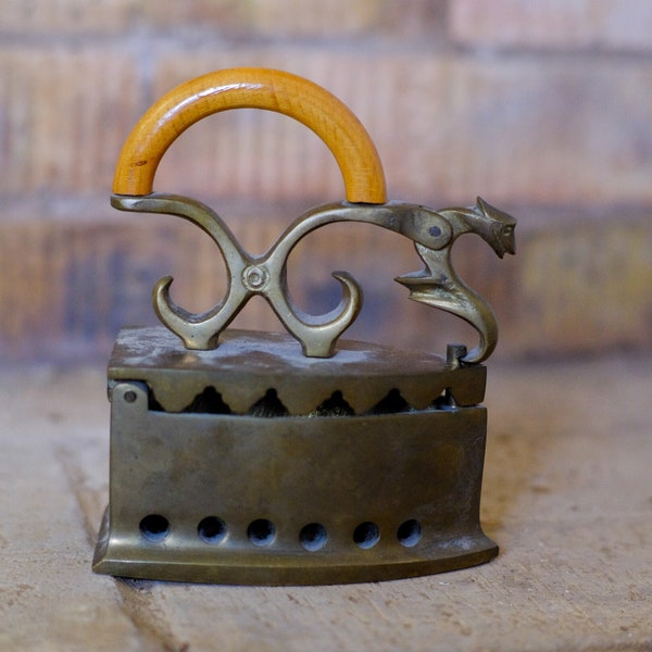 Antique Bronze Primitive Charcoal Coal Heated Flat Iron, Pressing Iron. Dragon’s head Vintage Iron.
