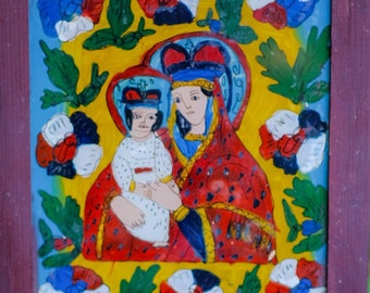 Handmade Transylvanian Painting - Religious Theme, Virgin Mary and Jesus