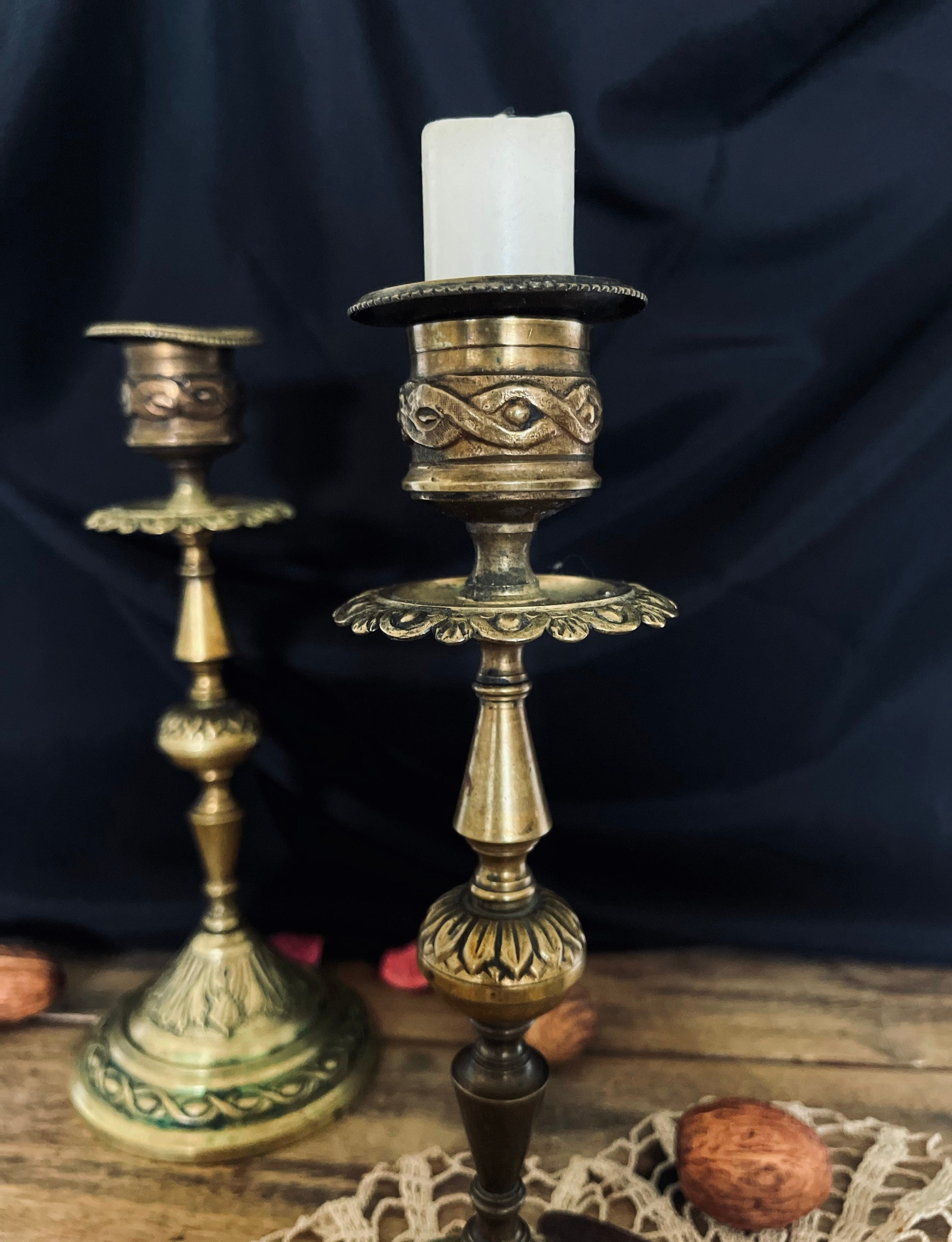 Antique French Engraved Brass Candlesticks With Natural Patina - a Pair