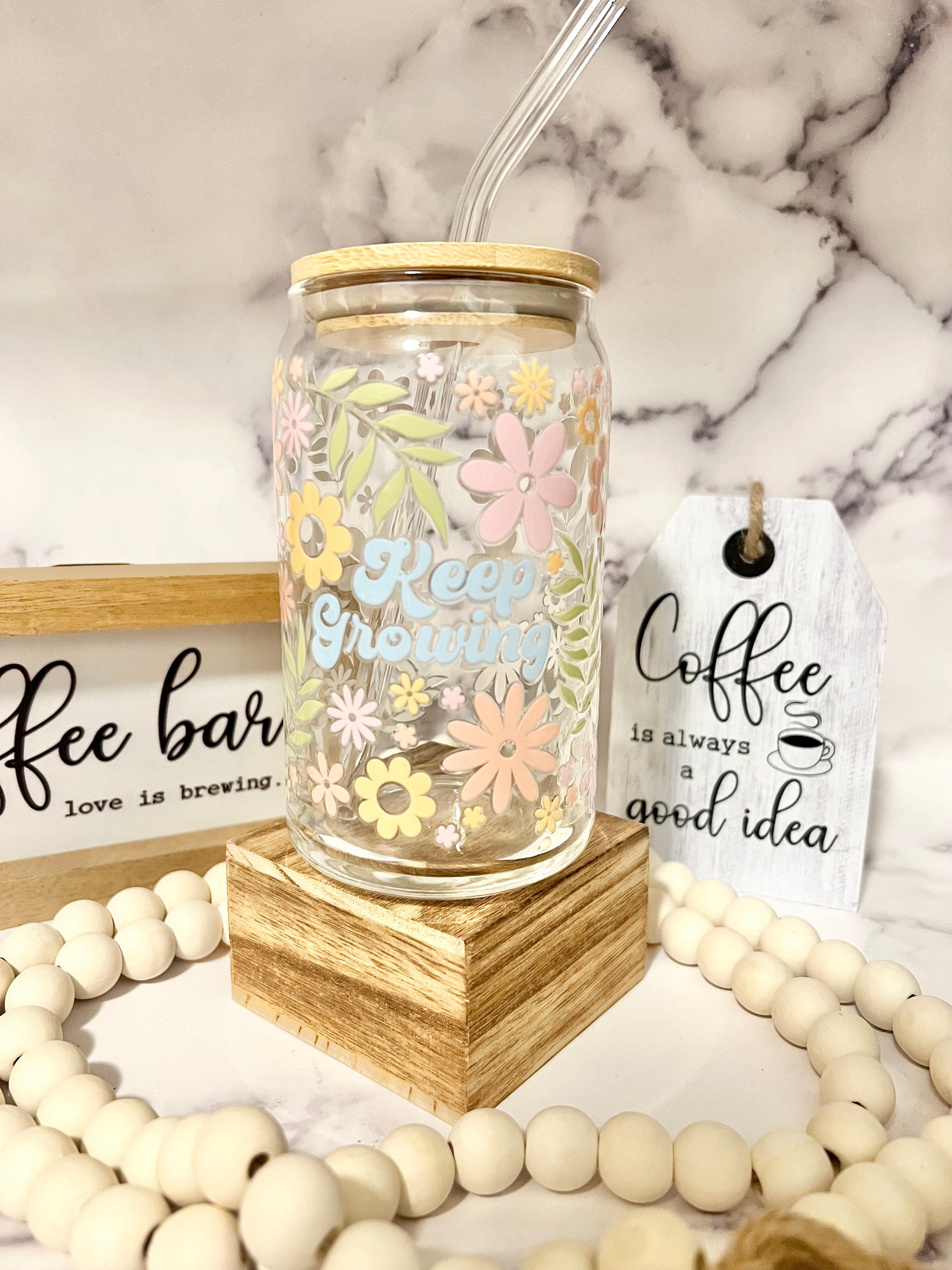 Wildflower Cup Iced Coffee Glass Floral Glass Can With Lid Straw Cute Boho  Coffee Cup for Women Friends Bridesmaids Mom EB3496WFL 