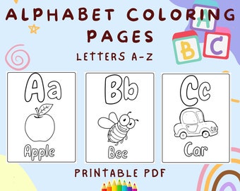 Pagine da colorare con alfabeto per bambini - Libro da colorare ABC stampabile - Libro da colorare per bambini - Pagine da colorare A-Z - Fogli di lavoro ABC