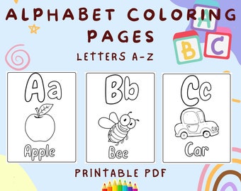 Alphabet Coloring Pages For Kids- Printable ABC Coloring Book - Coloring Book For Kids - A-Z Coloring Pages - ABC Worksheets