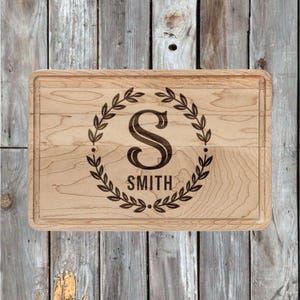Engraved Walnut Maple Cutting Board | Laurel Wreath Monogram Kitchenware