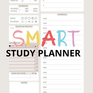 May include: A Smart Study Planner page with a light beige background. It features sections for date, subjects, wake-up and sleep times, mood and weather icons, a daily schedule from 6 AM to 10 PM, a to-do list, notes, and progress bars for focus.