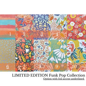 May include: A collection of ten distinct patterned sheets labeled 1 through 10, featuring floral, abstract, and geometric designs in vibrant colors. The text reads LIMITED EDITION Funk Pop Collection, with the phrase Option with foil accent underlined.