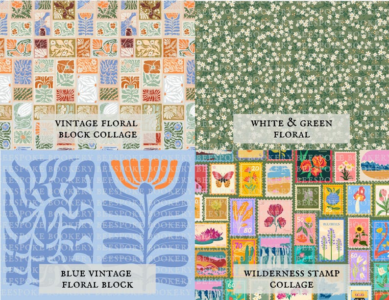 May include: A four-part collage of patterns featuring a vintage floral block collage, a white and green floral print, a blue vintage floral block, and a wilderness stamp collage with various colorful nature-themed postage stamp illustrations.