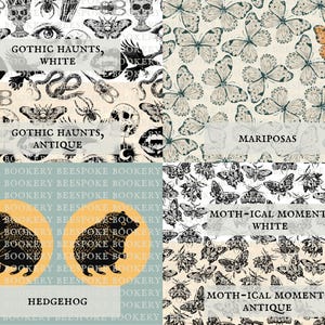 May include: A collage of four fabric patterns: Gothic Haunts in white and antique, Mariposas with butterflies, a Hedgehog pattern on a blue background with yellow circles, and Moth-ical Moment in white and antique featuring various moth illustrations.