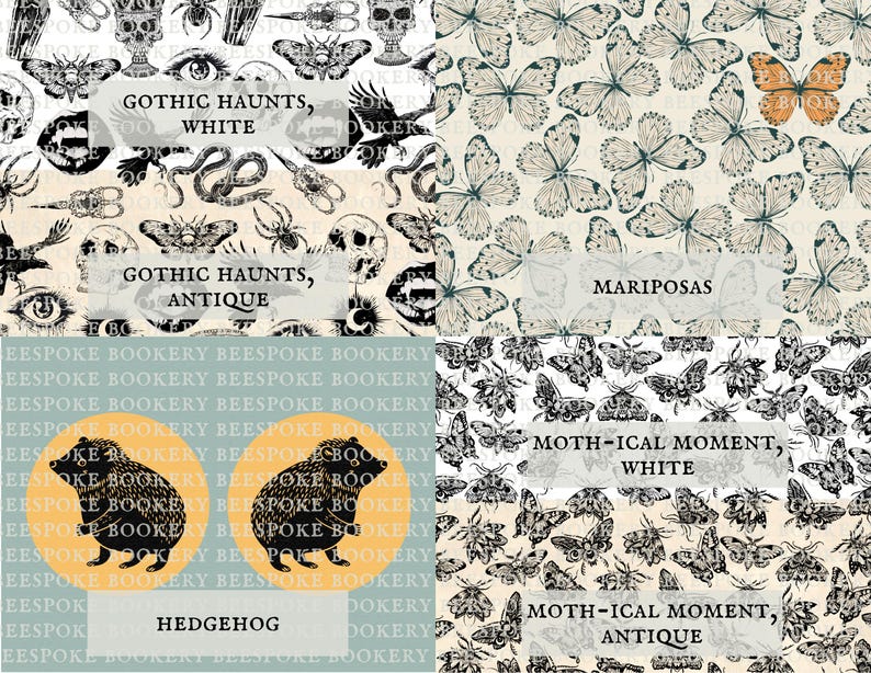 May include: A collage of four fabric patterns: Gothic Haunts in white and antique, Mariposas with butterflies, a Hedgehog pattern on a blue background with yellow circles, and Moth-ical Moment in white and antique featuring various moth illustrations.