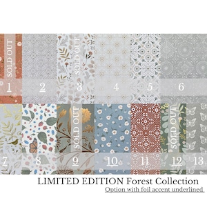 May include: A collection of thirteen patterned papers labeled LIMITED EDITION Forest Collection. The designs feature botanical, floral, butterfly, and geometric motifs in various colors including blue, orange, grey, and gold foil accents.