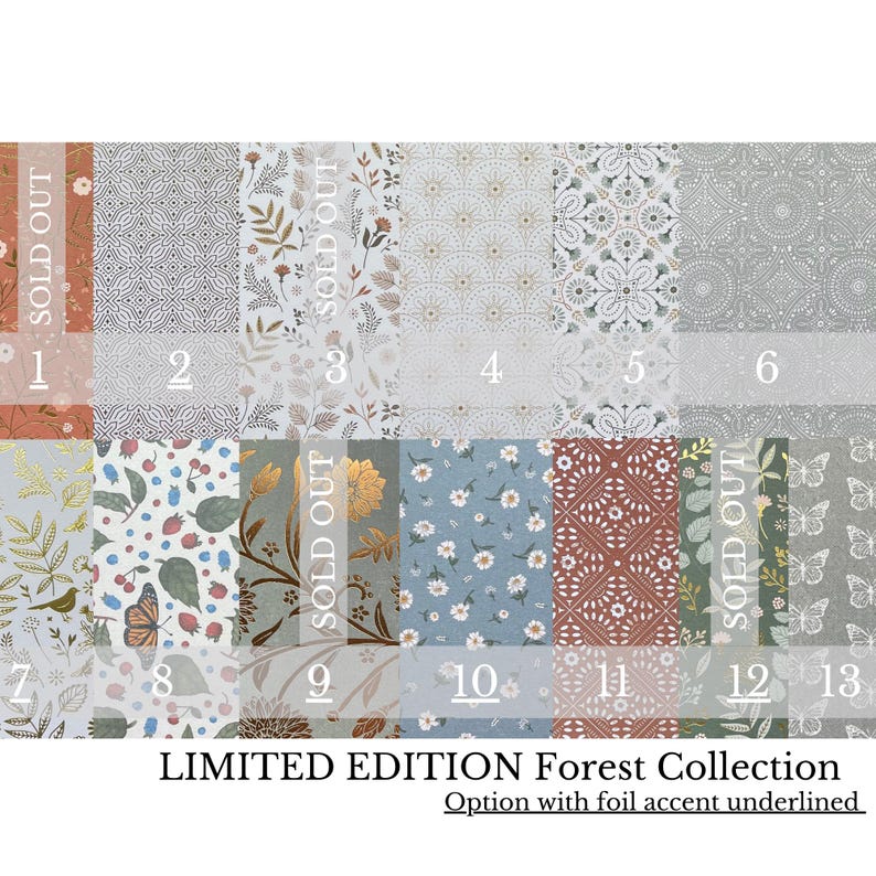 May include: A collection of thirteen patterned papers labeled LIMITED EDITION Forest Collection. The designs feature botanical, floral, butterfly, and geometric motifs in various colors including blue, orange, grey, and gold foil accents.