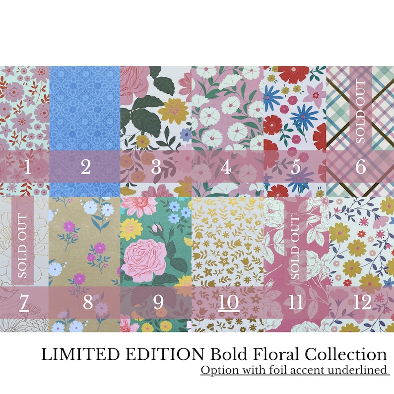 May include: A grid of twelve fabric swatches featuring various floral and geometric patterns, numbered one through twelve. Some squares are marked as SOLD OUT. The text reads LIMITED EDITION Bold Floral Collection. Option with foil accent underlined.