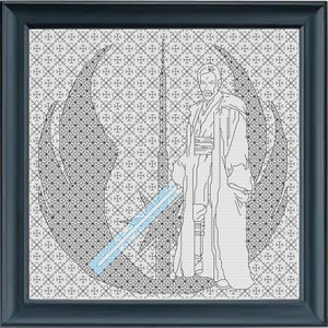 May include: Black and white cross-stitch pattern of a Jedi Knight with a lightsaber and the Jedi Order symbol.