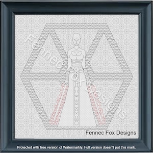 May include: A black and white line drawing of a woman standing in a hexagonal frame. The woman is wearing a long dress and has her arms at her sides. The frame is made up of repeating geometric patterns. The text "Fennec Fox Designs" is at the bottom of the image.