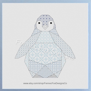 May include: A geometric penguin cross stitch pattern with blue and white geometric designs. The pattern is on a white background and includes the text "www.etsy.com/shop/FennecFoxDesignsCo".