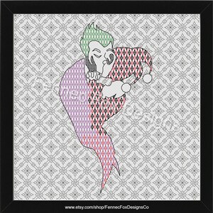 May include: Cross stitch pattern of the Joker and Harley Quinn from the Batman comics. The pattern is in black and white with red, green, and purple accents. The Joker is kissing Harley Quinn on the cheek. The pattern is on a white background with a black and white geometric pattern.