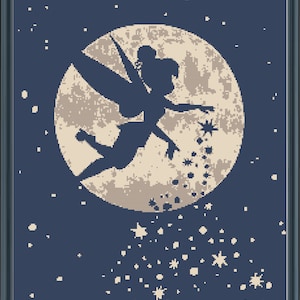May include: A blue and white cross-stitch pattern featuring a silhouette of a fairy flying in front of a full moon with stars in the background.
