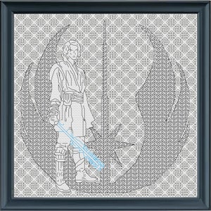 Könnte beinhalten: Eine Schwarzweiß-Zeichnung eines Star Wars-Charakters, der ein Lichtschwert hält und vor dem Symbol der Rebellenallianz steht. Das Symbol besteht aus einer Reihe ineinandergreifender Kreise.