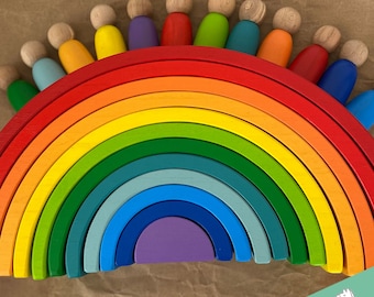 Montessori Rainbow Stacker with Peg Dolls | Waldorf Wooden Learning Toy Set | Handmade Natural Toy