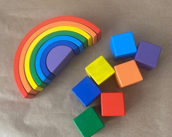 Wooden Rainbow Stacker & Beechwood Cube Set - Montessori Waldorf Toy