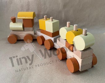 Wooden Puzzle Train Set: Montessori Toy, Natural Beech Wood