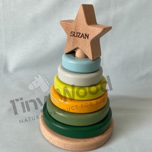 Personalized Montessori Wooden Ring Stacker: Pastel Sensory Toy