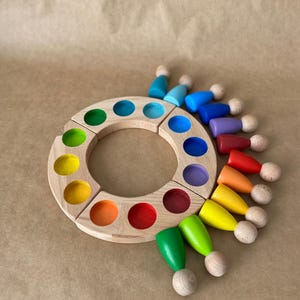 Waldorf Wooden Rainbow Tray and Peg Doll Set, 4-Piece Color Matching Toy for Creative Learning, Eco-Friendly Gift for Kids