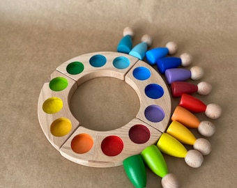 Waldorf Wooden Rainbow Tray & Peg Doll Set: Color Matching Toy