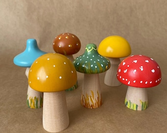 Hand-Painted Wooden Mushroom Toys: Montessori Nature Play Set