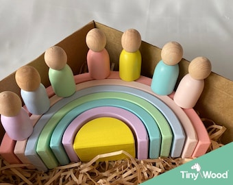 Wooden Rainbow Stacker with Peg Dolls, Montessori Color Sorting Game, Waldorf Open Ended Play